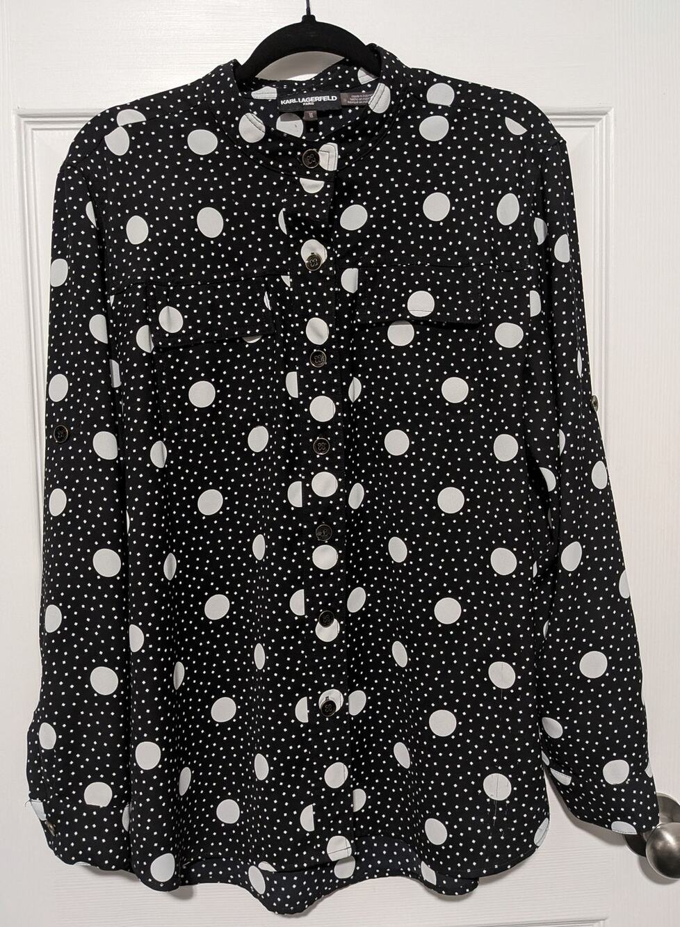 Karl Lagerfeld Paris Mixed Polka Dot Button Down Blouse Shirt Black White Medium